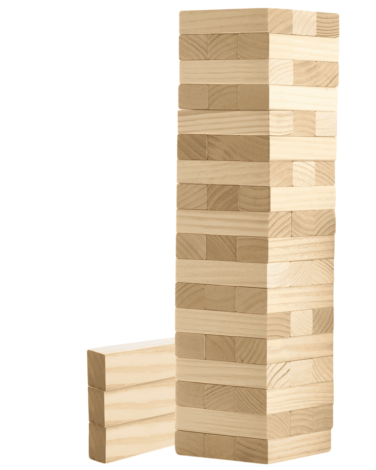 A tower made of stacked wooden Jenga blocks stands upright, with one block removed and lying horizontally beside the tower.