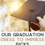 A hand holds a black graduation cap outdoors with sunlight shining through trees. Text reads: "Our graduation dress to impress picks." Website link at bottom: thebargainsisters.com.