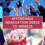 Graduates in caps and gowns toss diplomas in the air; below, hands hold a bouquet of flowers and a diploma. Text reads, "Affordable graduation dress to impress." Website: thebargainsisters.com.