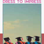 Four graduates in caps and gowns stand side by side outdoors under a blue sky with clouds. Text above reads: "Mom-approved graduation dress to impress." Website: thebargainsisters.com.
