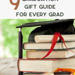 A stack of books with a graduation cap, diploma scroll, and gold medal on top. The text above reads: "9 Graduation Gift Guide for Every Grad." Background is green and blurred.