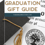 A graduation cap with a gold tassel sits on top of a diploma. Text overlay reads: “Budget-Friendly Graduation Gift Guide” and “thebargainsisters.com.”.
