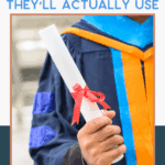 A graduate in a blue and orange gown holds a rolled-up diploma tied with a red ribbon. Text above reads “Graduation Gift Guide They’ll Actually Use.” Website link appears at the bottom.