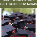 A crowd of graduates wearing black caps with red tassels; text overlay reads "Best Graduation Gift Guide for Moms" with "read more" and "thebargainsisters.com" at the bottom.