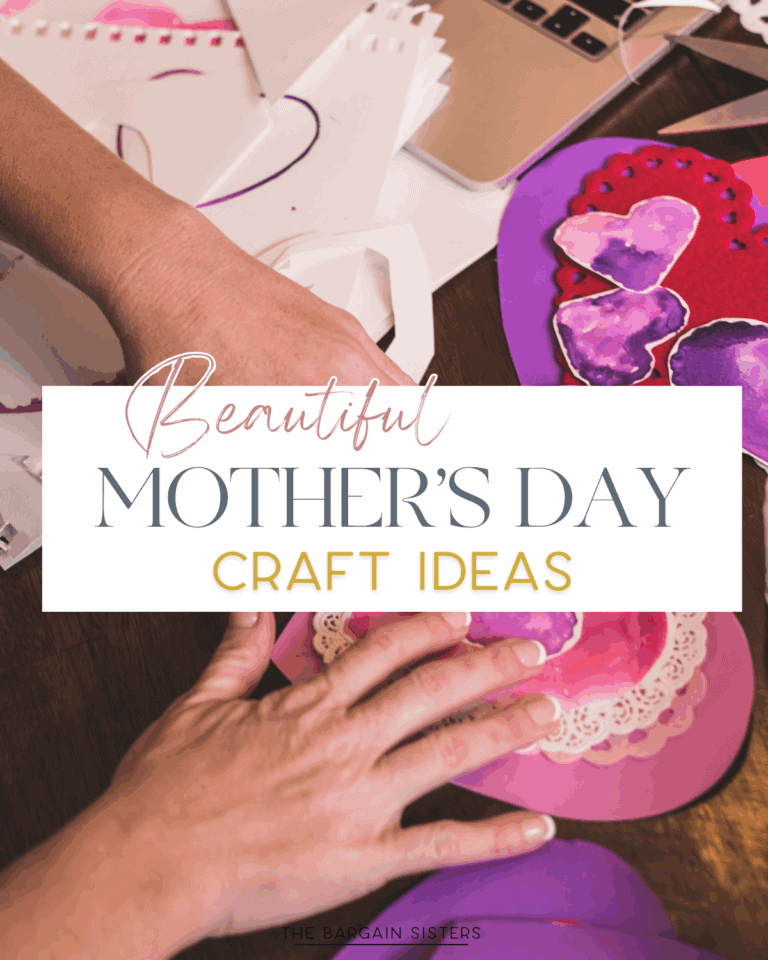 Two hands work on colorful, heart-shaped paper crafts at a table with a laptop and supplies. Text overlay reads: "Beautiful Mother’s Day Craft Ideas—create lasting memories with creative Mother’s Day gifts she'll cherish.