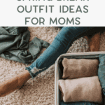 A woman sits on the floor packing a suitcase with neatly folded clothes. Text overlay reads: "Spring Break Outfit Ideas for Moms.
