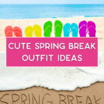 A row of colorful flip-flops on a beach with blue ocean, a pink sign reading "Cute Spring Break Outfit Ideas," and "Spring Break" written in the sand.