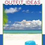 A turquoise sunhat and sunglasses on a sandy beach with a clear blue sky and ocean; text reads "Budget Spring Break Outfit Ideas.
