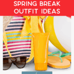 Beach essentials including a striped tote bag, sunglasses, sunscreen, flip-flops, and a beach ball, with text promoting trendy spring break outfit ideas.