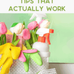 A white basket with cleaning supplies, yellow and pink gloves, spray bottles, tulips, and a scrub brush with a green background. Text reads: “Spring Cleaning Tips That Actually Work.”.