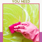 A person wearing a pink glove scrubs a green surface with a pink sponge and soap suds; text above promotes affordable spring cleaning products.