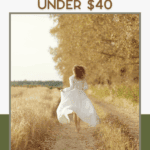 A woman in a white dress walks down a dirt path through a field with autumn trees. Text promotes cute, affordable spring dresses under $40 from thebargainsisters.com.