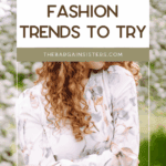A woman in a white floral dress sits outdoors in front of blooming trees, with the text "Easy Spring Fashion Trends to Try" displayed above her.