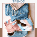 Flat lay of denim shorts, a light pink purse, a pastel striped sweater, brown sunglasses, and blue sneakers on a two-tone background with text about spring fashion trends.