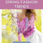 A woman in a floral pink top and white skirt stands outdoors by blooming branches. Text reads: "Cute and Comfy Spring Fashion Trends. Read more. thebargainsisters.com".