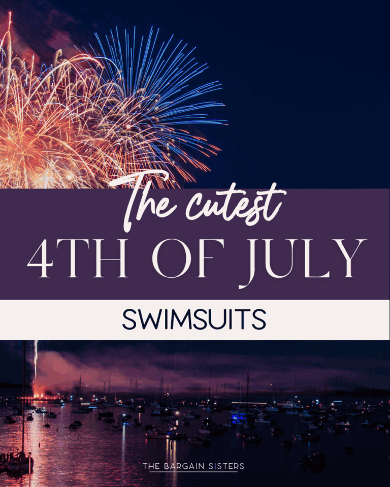 Colorful fireworks light up a night sky over a harbor filled with boats; text overlay reads, "The cutest 4th of July swimsuits." At the bottom: "The Bargain Sisters." Let these picks brighten your home and wardrobe for festive summer fun!.