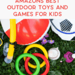 A variety of outdoor toys and games for kids, alongside outdoor planters, including a beach ball, soccer ball, colorful rings, baseball glove, and water toys, are scattered on green grass. Text reads: “Amazons Best Outdoor Toys and Games for Kids.”.