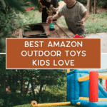 Two young children play with toy trucks at a wooden table outdoors. Below, a toy dump truck, outdoor planters, and a small inflatable bounce house sit on green grass. Text reads: "Best Amazon Outdoor Toys Kids Love.