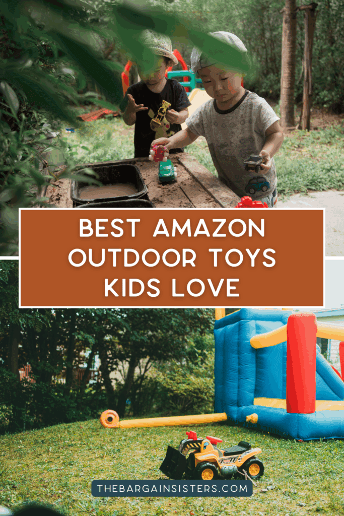 Two young children play with toy trucks at a wooden table outdoors. Below, a toy dump truck, outdoor planters, and a small inflatable bounce house sit on green grass. Text reads: "Best Amazon Outdoor Toys Kids Love.