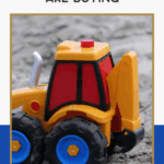 A yellow and orange toy bulldozer sits on sand below text that reads, "Outdoor toys, games, and outdoor planters moms are buying." Website "thebargainsisters.com" appears at the bottom.