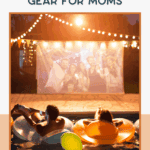 Two moms relax in pool floats during an outdoor movie night, surrounded by friends and stylish outdoor planters. String lights and a festive setting create a cozy atmosphere. Text: "Best Outdoor Movie Night Gear for Moms.