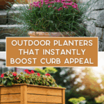 Two images of outdoor planters: the top features a stone planter with green and purple plants against a stone wall; the bottom shows a wooden outdoor planter filled with red flowers. Text reads, “Outdoor planters that instantly boost curb appeal.”.