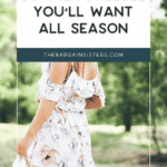 A woman in a white floral summer dress stands outdoors in a green park, surrounded by blooming outdoor planters. Text above her reads, "Summer dresses you'll want all season," with thebargainsisters.com underneath.