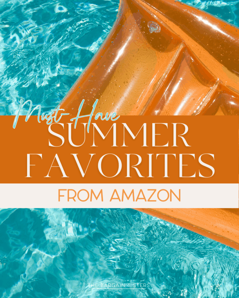 An orange pool float in clear blue water with text overlay: "Must-Have Summer Favorites from Amazon to brighten your home.