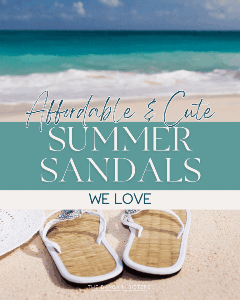 A pair of white summer sandals and a white sunhat rest on sandy beach with turquoise ocean and blue sky in the background. Text reads: "Affordable & Cute Summer Sandals We Love.