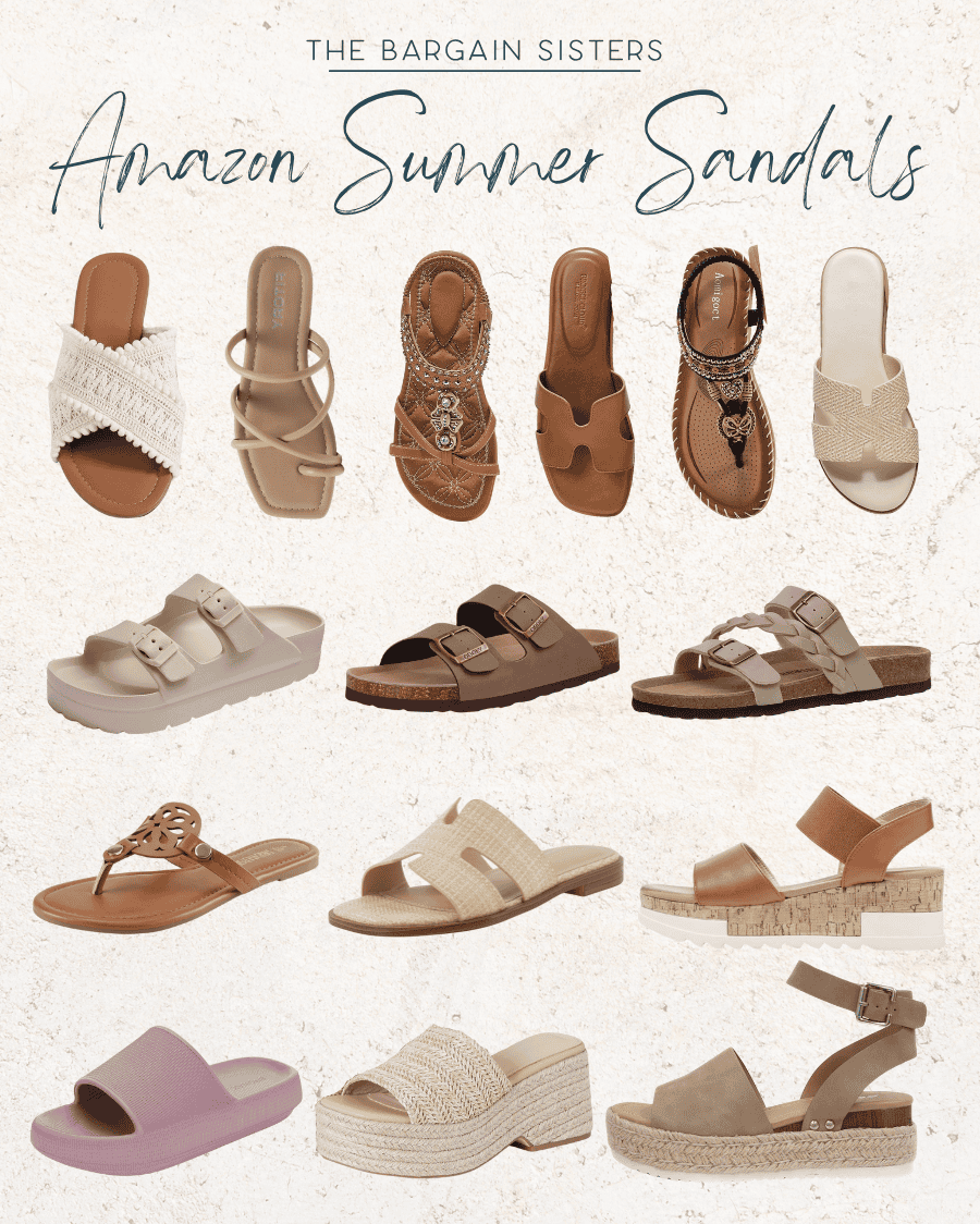 A collection of fifteen different women’s summer sandals in various styles and colors, including slides, strappy, woven, heeled, and cork-soled designs, arranged in three rows on a light background.