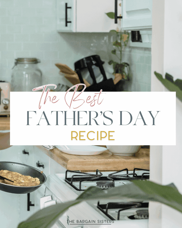 A kitchen scene shows a person cooking eggs in a frying pan on a stove. Overlaid text reads: “The Best Father’s Day Recipe.” The bright space, filled with plants and kitchenware, sets the perfect mood for this Father’s Day recipe.