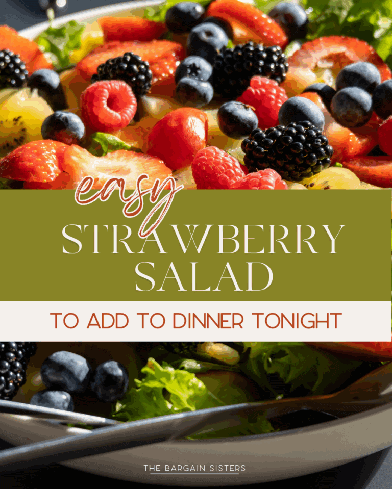 A colorful strawberry salad topped with blueberries, blackberries, and sliced strawberries on a bed of mixed greens—sure to brighten your home. Text overlay reads: "Easy Strawberry Salad to Add to Dinner Tonight.