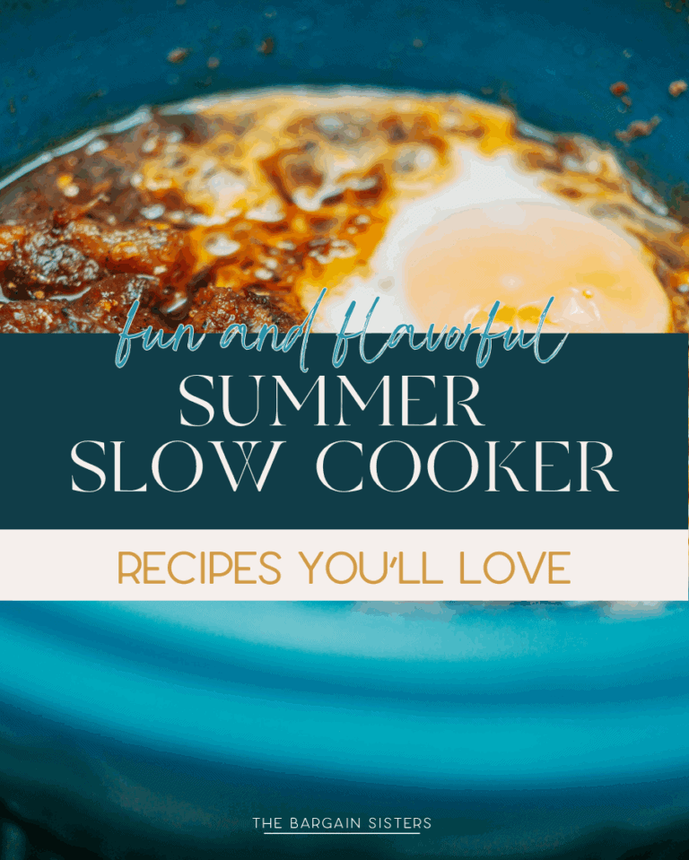 Close-up of a slow-cooked dish with an egg on top, overlaid with text: "Fun and Flavorful Summer Slow Cooker Recipes You'll Love" by The Bargain Sisters—perfect recipes to brighten your home this season.