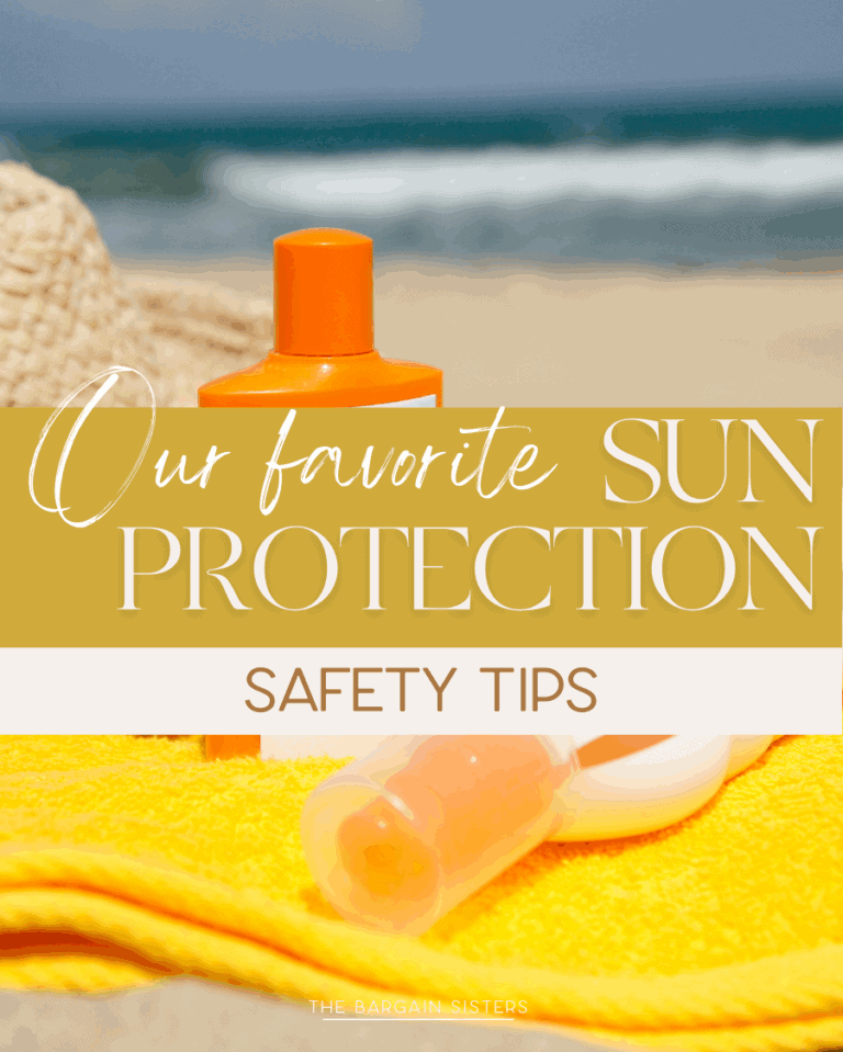 A bottle of sunscreen and a spray bottle sit on a yellow towel at the beach with text overlay: "Our favorite sun protection safety tips." The ocean and sky are blurred in the background.