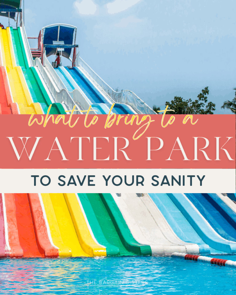 Colorful water slides at a water park with the text: "What to bring to a water park to save your sanity" overlaid on the image.