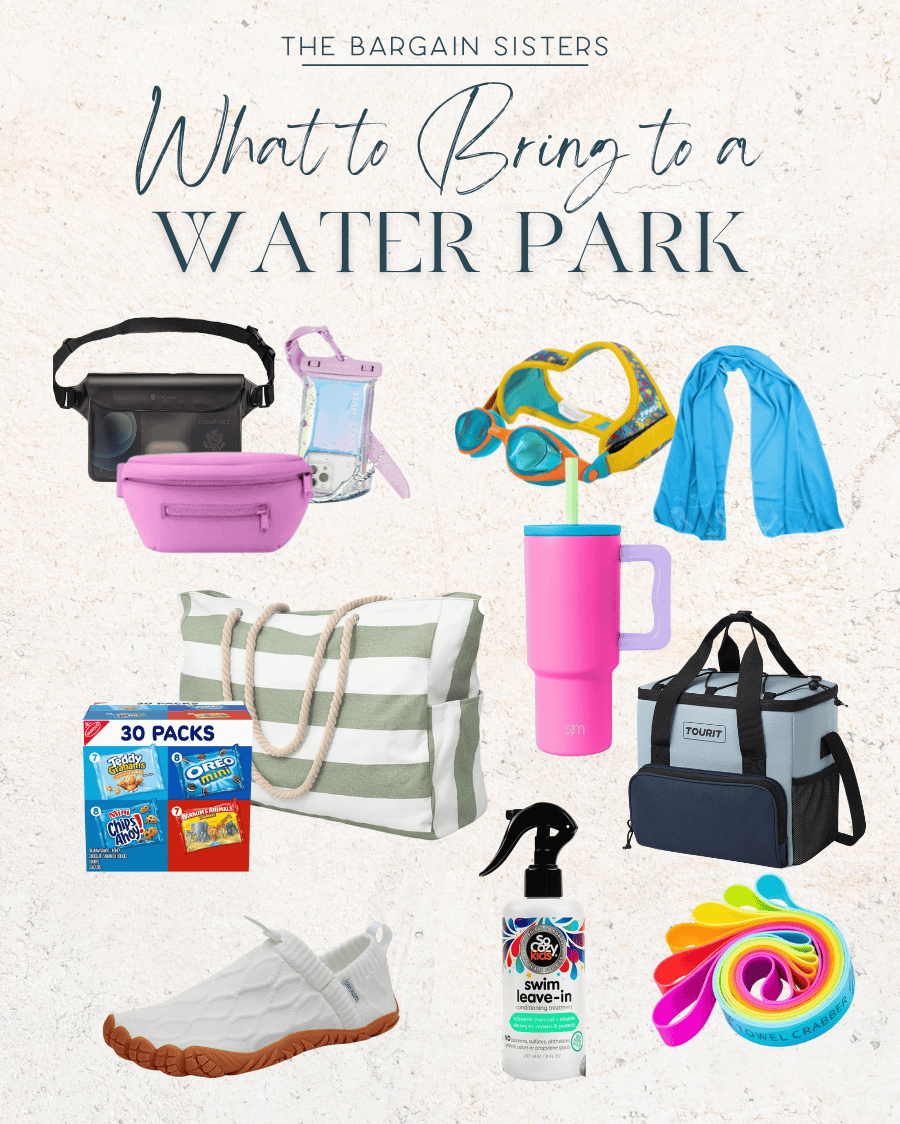 A collage titled "What to Bring to a Water Park" featuring images of waterproof bags, goggles, a swim cover-up, wipes, a striped tote, a pink tumbler, a cooler bag, white slip-on shoes, leave-in conditioner, and colorful wristbands.