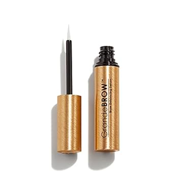 A gold tube of GrandeBROW brow enhancing serum with the black applicator wand removed and standing upright beside the open container against a white background—perfect for scoring on Tuesday Deals.