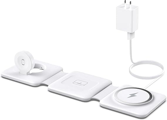 Snag Tuesday Deals on this foldable white wireless charging station featuring three charging pads for your phone, smartwatch, and earbuds, complete with a wall adapter and power cable.