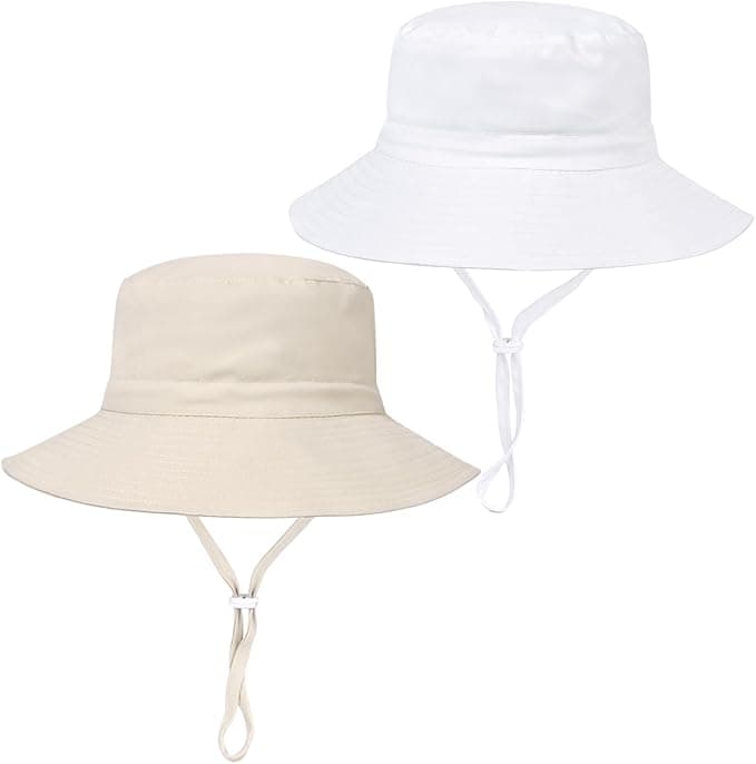 Two wide-brimmed bucket hats with adjustable chin straps, one in white and one in light beige, displayed side by side on a plain white background—perfect picks for Tuesday Deals.