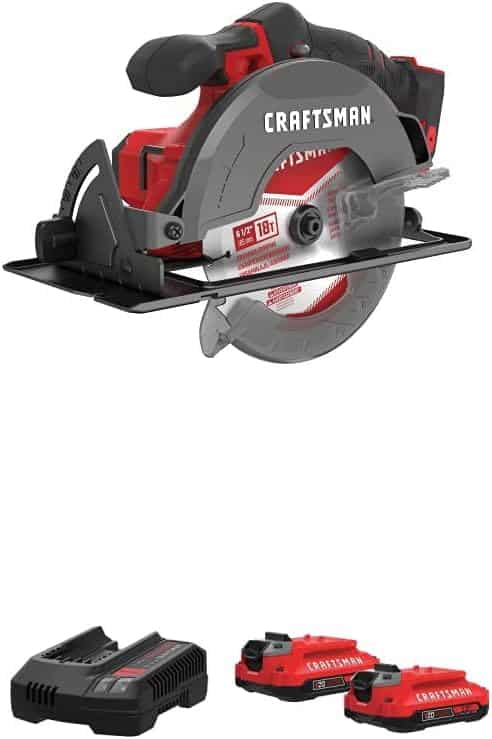 A Craftsman cordless circular saw with a red and black design, shown with two rechargeable batteries and a battery charger placed below the saw—perfect for your next project and available now as part of our Tuesday Deals.