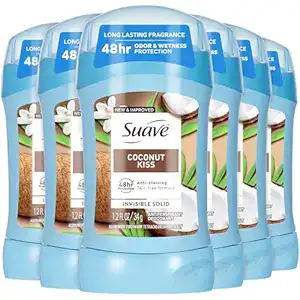 Six sticks of Suave Coconut Kiss invisible solid deodorant with blue caps, labeled for 48-hour odor and wetness protection and anti-staining properties, displayed in a row—perfect for stocking up during Thursday Deals.