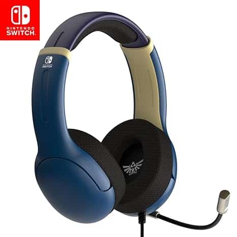Score epic Thursday Deals on this blue and black Nintendo Switch gaming headset, featuring the Legend of Zelda logo, a flexible microphone, padded ear cushions, and an adjustable headband for ultimate comfort.