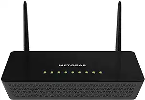 A black NETGEAR wireless router with two upright antennas and a row of green indicator lights on the front panel—perfect for upgrading your network during Thursday Deals.