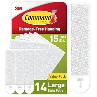 Package of Command Brand Damage-Free Hanging Strips, value pack with 14 large strip pairs. The package highlights that it holds up to 15 lbs—perfect for your Thursday Deals savings. One strip is shown close-up on the right side.