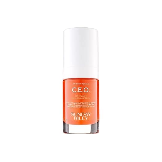 A bottle of Sunday Riley C.E.O. 15% Vitamin C Brightening Serum, featuring an orange and white pump bottle with white text on the front, is displayed on a white background—perfect for scoring in Thursday Deals.