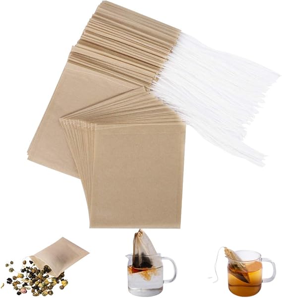 A stack of empty brown tea filter bags, some fanned out, with three smaller images below showing the bags being filled with loose tea and used in clear cups of water—perfect for your Friday Deals and afternoon brews.