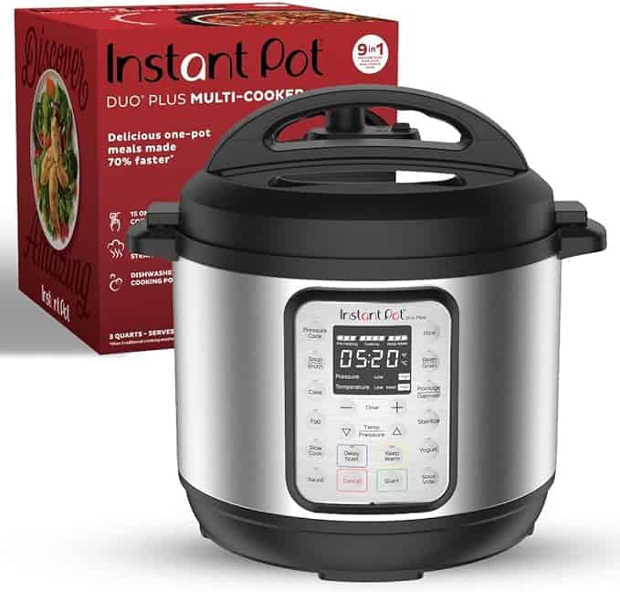 A stainless steel Instant Pot DUO Plus multi-cooker with digital display sits in front of its red packaging box, which features a food image and highlights its 9-in-1 cooking functions—perfect for scoring big Monday Deals.