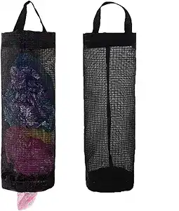 Two black mesh hanging storage bags, perfect for organizing, with handles at the top and openings at the bottom—one filled with colorful plastic bags. Shop now to score Tuesday Deals on this essential storage solution!.