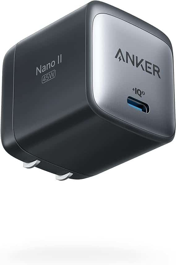 A black and silver Anker Nano II 45W USB-C wall charger with retractable prongs and a single USB-C port on the front—perfect for scoring great Monday Deals.