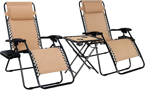 Two beige reclining lounge chairs with black frames and headrests sit beside a matching folding table with cup holders. Perfect for outdoor use, this set is featured in our Monday Deals for extra savings.